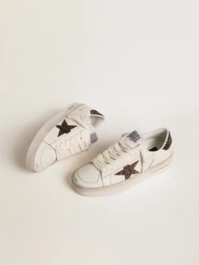 Women’s Stardan in white leather with brown glitter star and heel tab