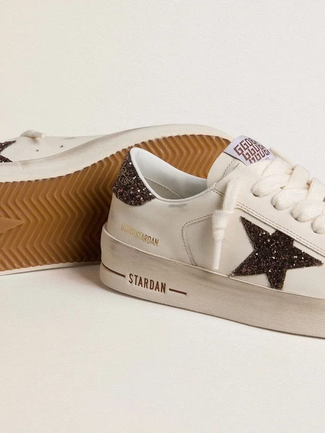 Women's Stardan in white leather with brown glitter star and heel tab