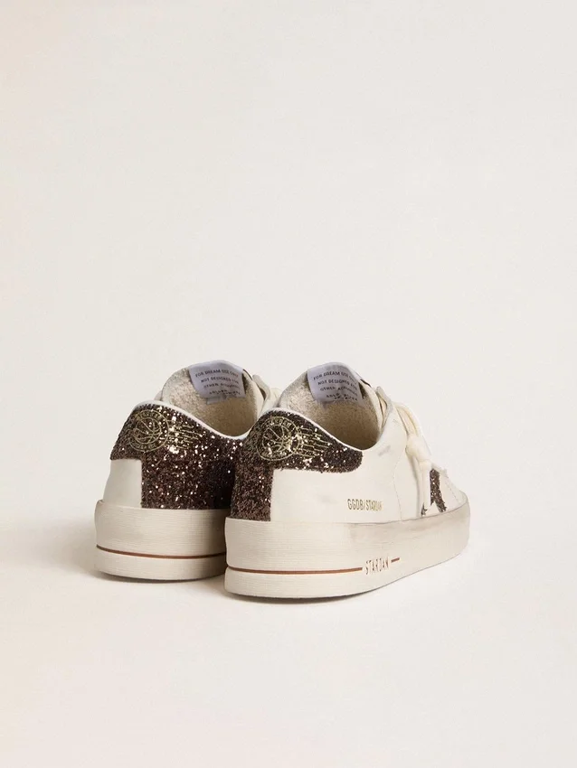 Women's Stardan in white leather with brown glitter star and heel tab