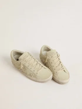 Women’s Super-Star in beige suede with pearls and Swarovski crystals