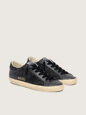 Women’s Super-Star in black glitter with black suede star and leather inserts