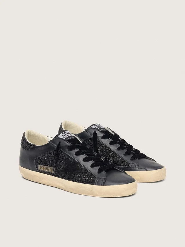 Women's Super-Star in black glitter with black suede star and leather inserts