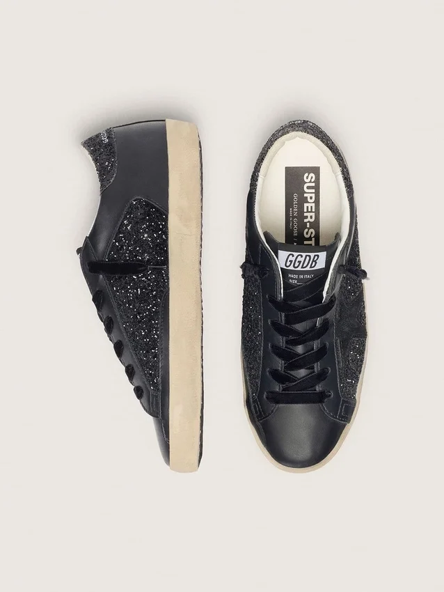 Women's Super-Star in black glitter with black suede star and leather inserts