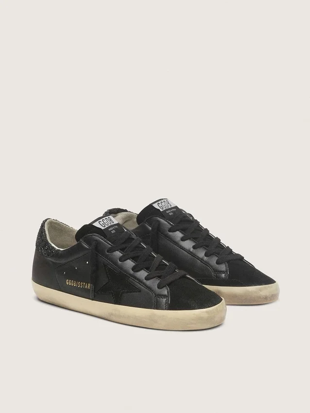 Women's Super-Star in black nappa with black star and glitter heel tab