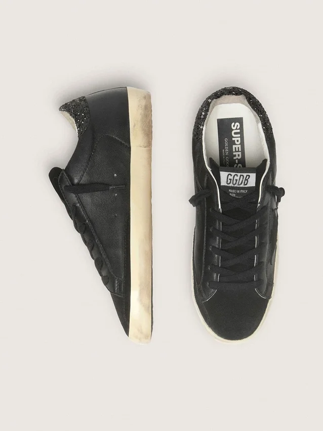 Women's Super-Star in black nappa with black star and glitter heel tab