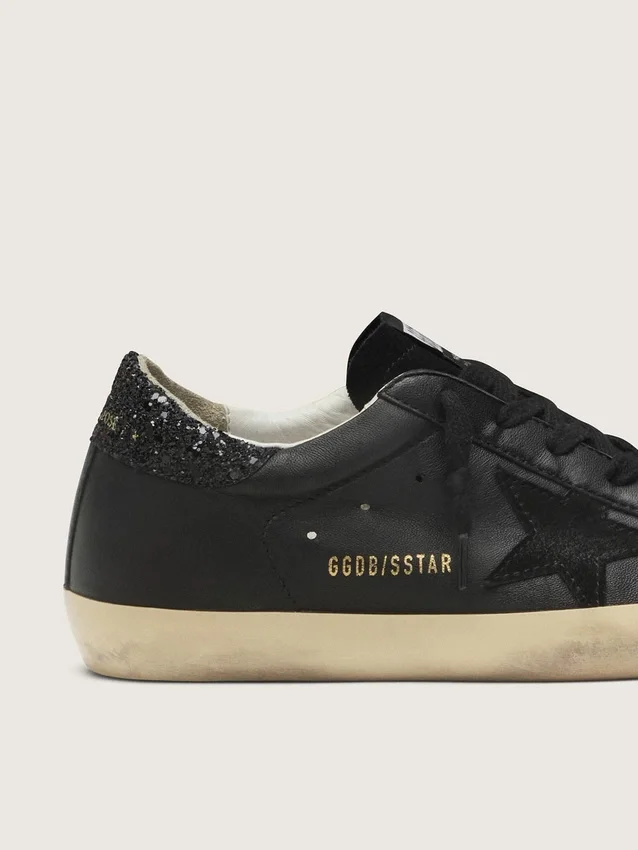 Women's Super-Star in black nappa with black star and glitter heel tab