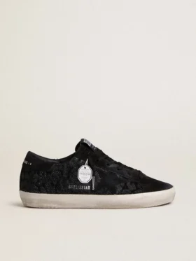 Women's Super-Star in black pony skin with black Swarovski crystals and black suede star