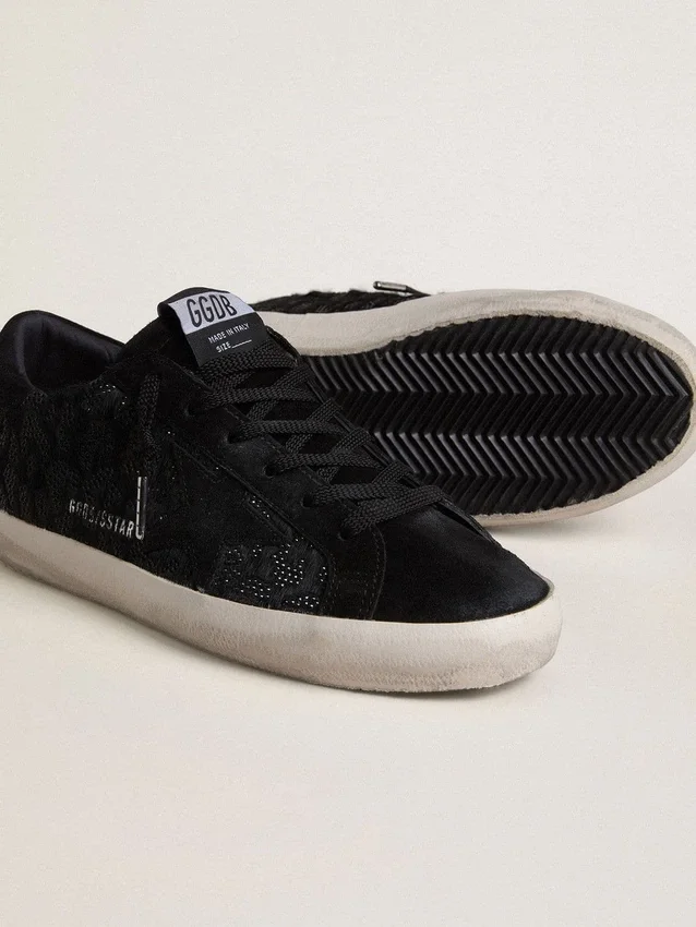 Women's Super-Star in black pony skin with black Swarovski crystals and black suede star