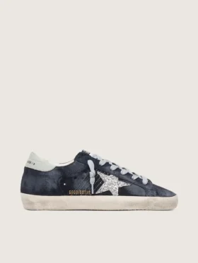 Women’s Super-Star in blue suede with silver glitter star and leather heel tab
