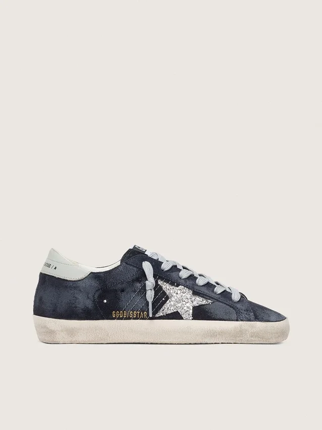 Women’s Super-Star in blue suede with silver glitter star and leather heel tab