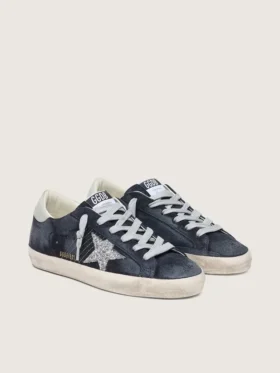 Women’s Super-Star in blue suede with silver glitter star and leather heel tab
