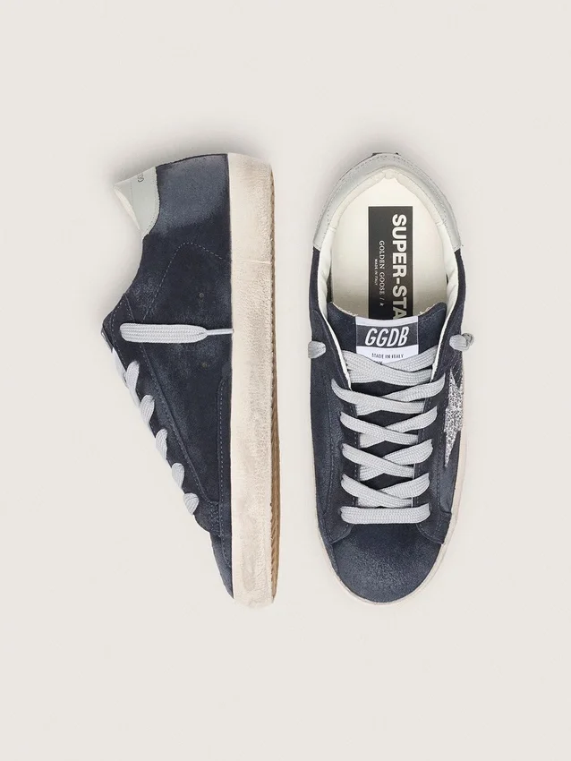 Women’s Super-Star in blue suede with silver glitter star and leather heel tab