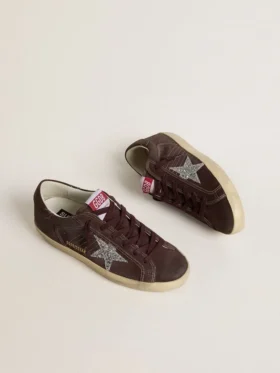 Women’s Super-Star in brown suede with silver glitter star
