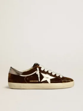 Women's Super-Star in cognac velvet with metallic leather star and heel tab