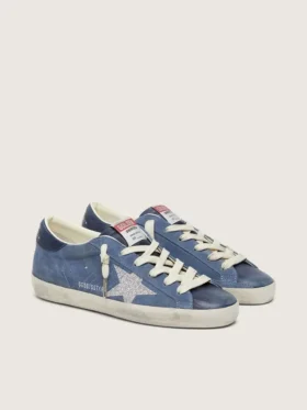 Women’s Super-Star in denim-blue suede with silver glitter star