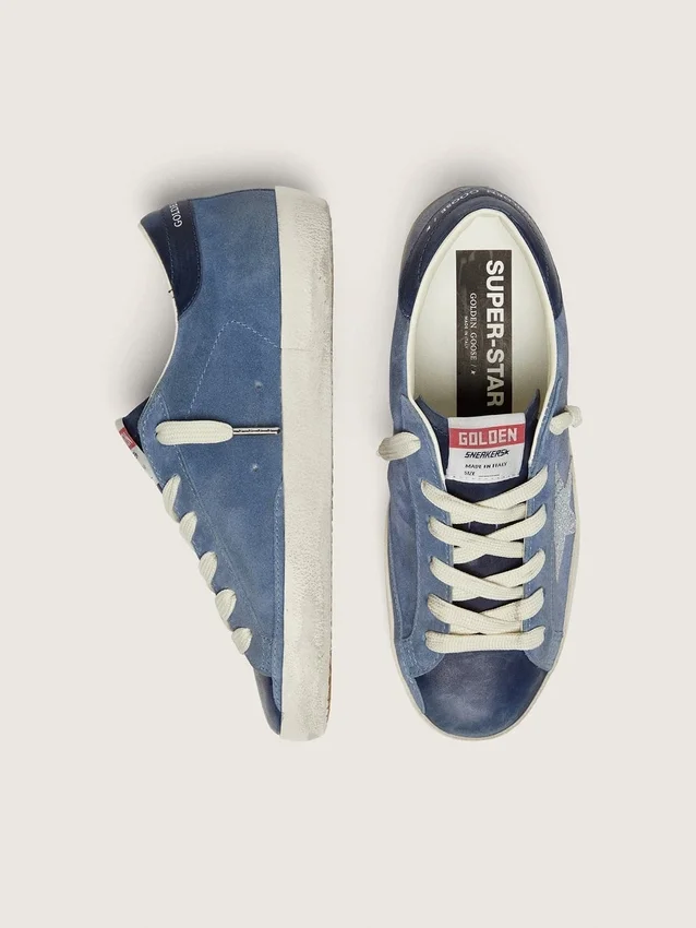 Women’s Super-Star in denim-blue suede with silver glitter star