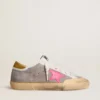 Women's Super-Star in dove-gray suede with fuchsia leather star and ocher suede heel tab