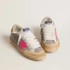 Women's Super-Star in dove-gray suede with fuchsia leather star and ocher suede heel tab