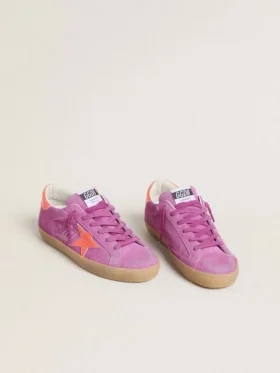 Women’s Super-Star in fuchsia suede with fluorescent orange laminated leather star and heel tab