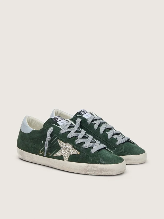 Women's Super-Star in green suede, silver glitter star and leather heel tab