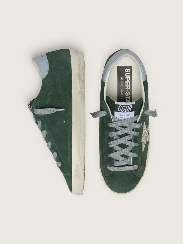 Women's Super-Star in green suede, silver glitter star and leather heel tab