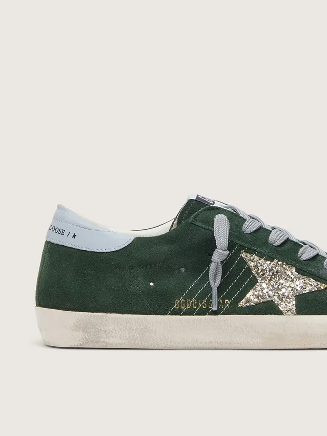 Women's Super-Star in green suede, silver glitter star and leather heel tab