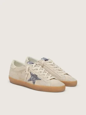 Women’s Super-Star in ice-gray suede with silver glitter star and leather heel tab