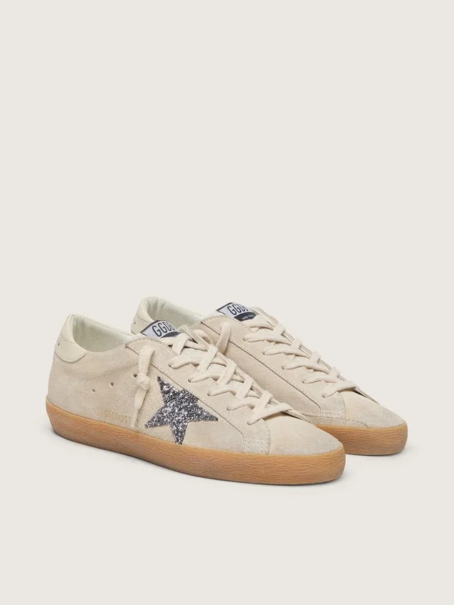 Women's Super-Star in ice-gray suede with silver glitter star and leather heel tab