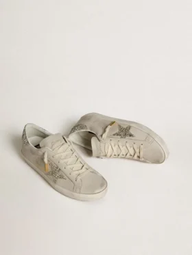 Women’s Super-Star in ivory nappa leather with platinum glitter star and heel tab