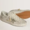 Women's Super-Star in ivory nappa leather with platinum glitter star and heel tab