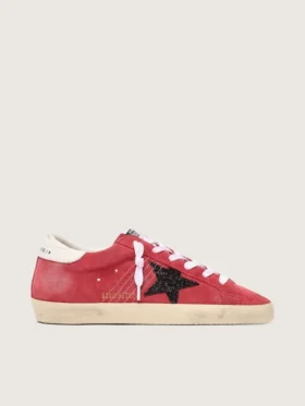 Women’s Super-Star in red suede with glitter star and white heel tab