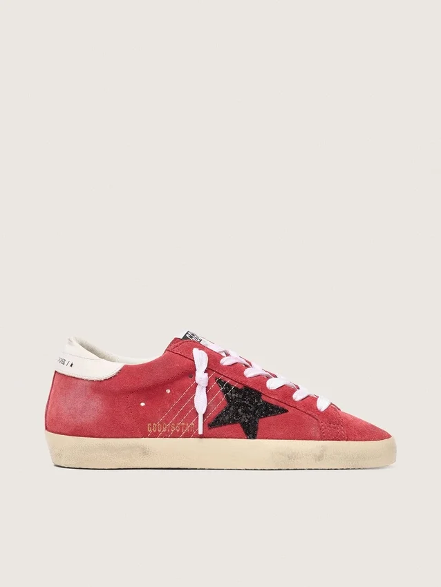 Women’s Super-Star in red suede with glitter star and white heel tab
