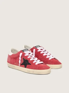 Women’s Super-Star in red suede with glitter star and white heel tab