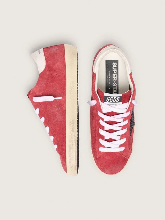 Women’s Super-Star in red suede with glitter star and white heel tab