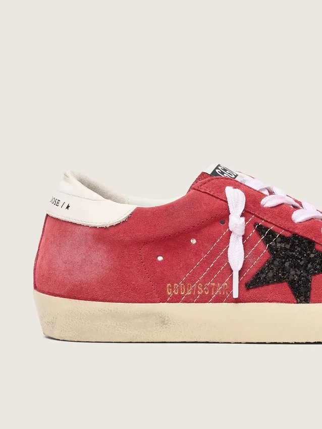 Women’s Super-Star in red suede with glitter star and white heel tab