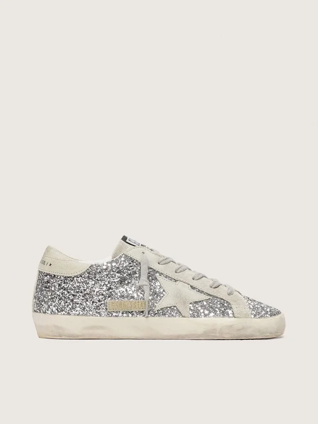 Women's Super-Star in silver glitter with ice-gray suede star