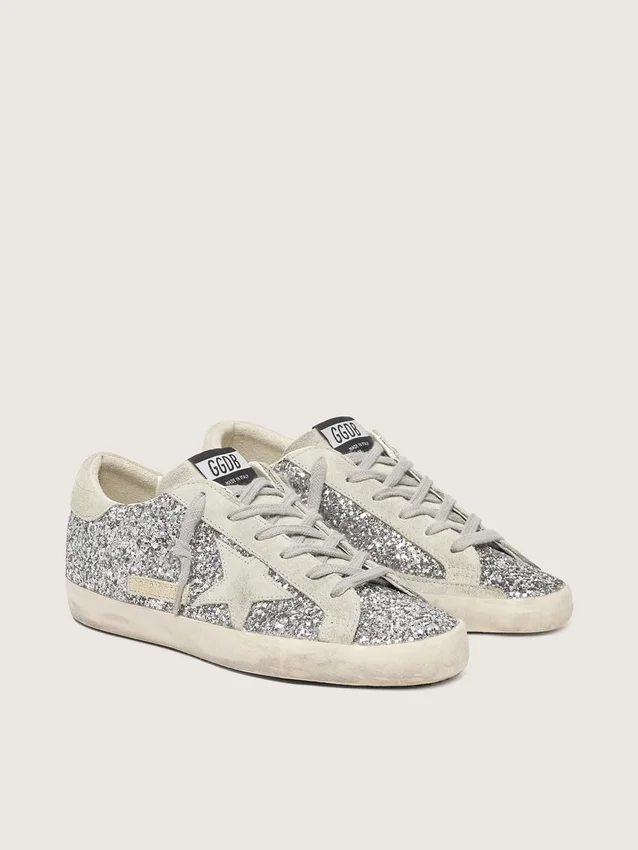 Women's Super-Star in silver glitter with ice-gray suede star