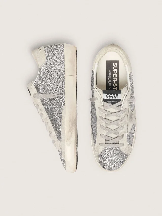Women's Super-Star in silver glitter with ice-gray suede star