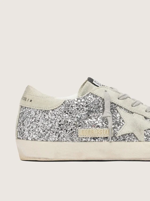 Women's Super-Star in silver glitter with ice-gray suede star