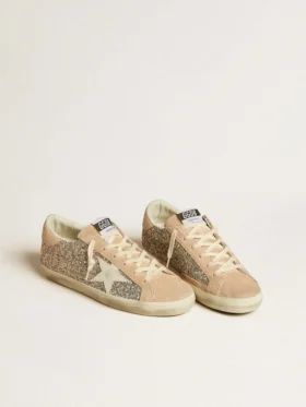 Women’s Super-Star in silver glitter with leather star and heel tab