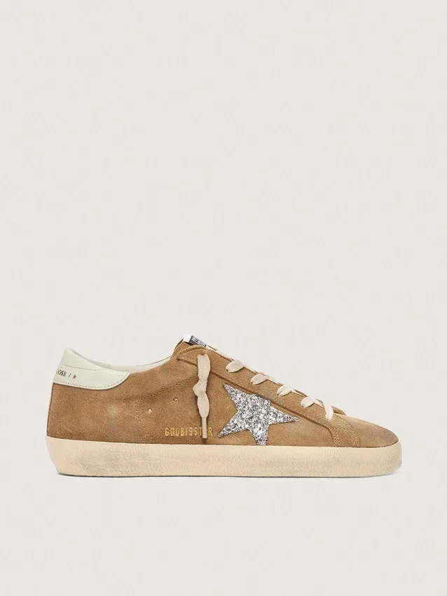Women’s Super-Star in tobacco suede with silver glitter star