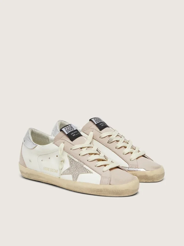Women’s Super-Star in white and powder-pink leather with silver Swarovski crystal star