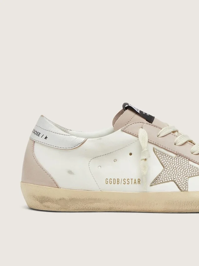 Women’s Super-Star in white and powder-pink leather with silver Swarovski crystal star
