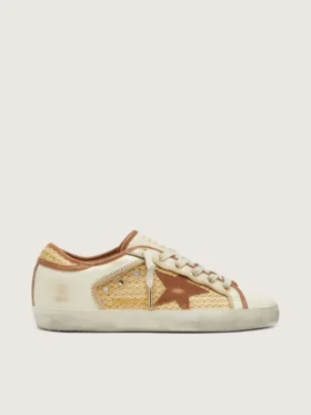Women’s Super-Star in white leather and raffia with brick-red star and inserts