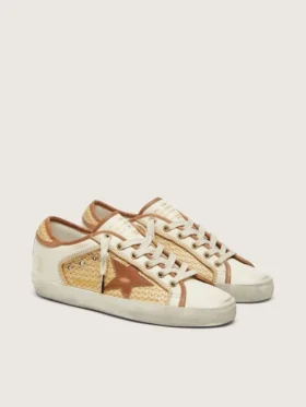 Women’s Super-Star in white leather and raffia with brick-red star and inserts