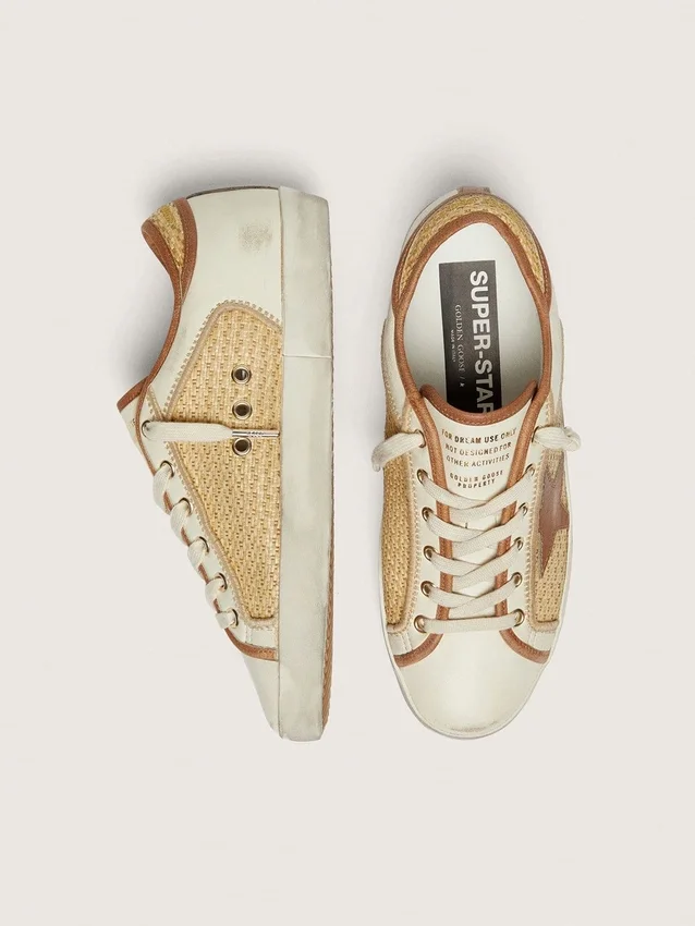 Women’s Super-Star in white leather and raffia with brick-red star and inserts