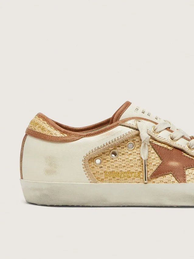 Women’s Super-Star in white leather and raffia with brick-red star and inserts