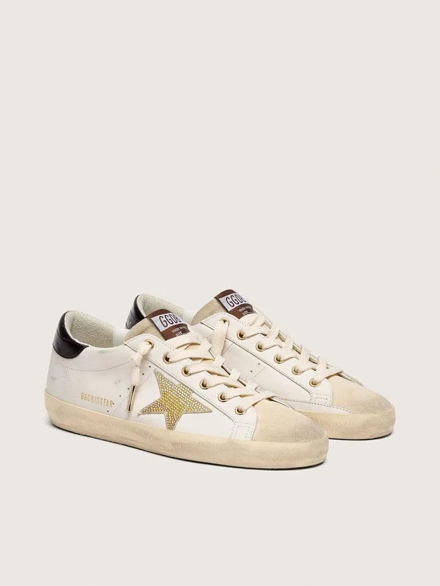Women's Super-Star in white leather with gold Swarovski star