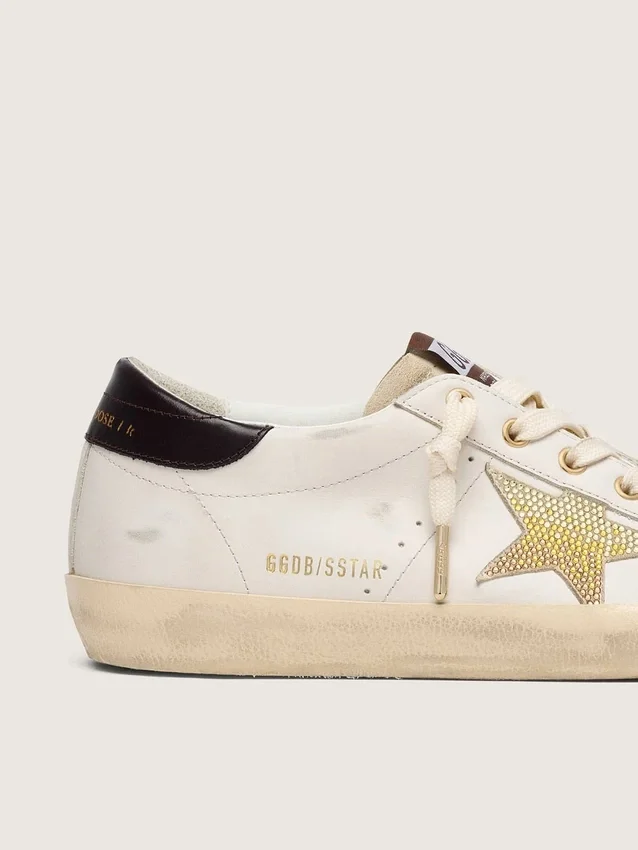 Women's Super-Star in white leather with gold Swarovski star
