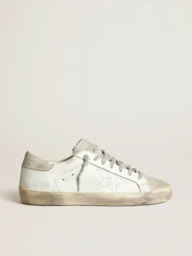 Women's Super-Star in white leather with perforated star and beige nubuck heel tab
